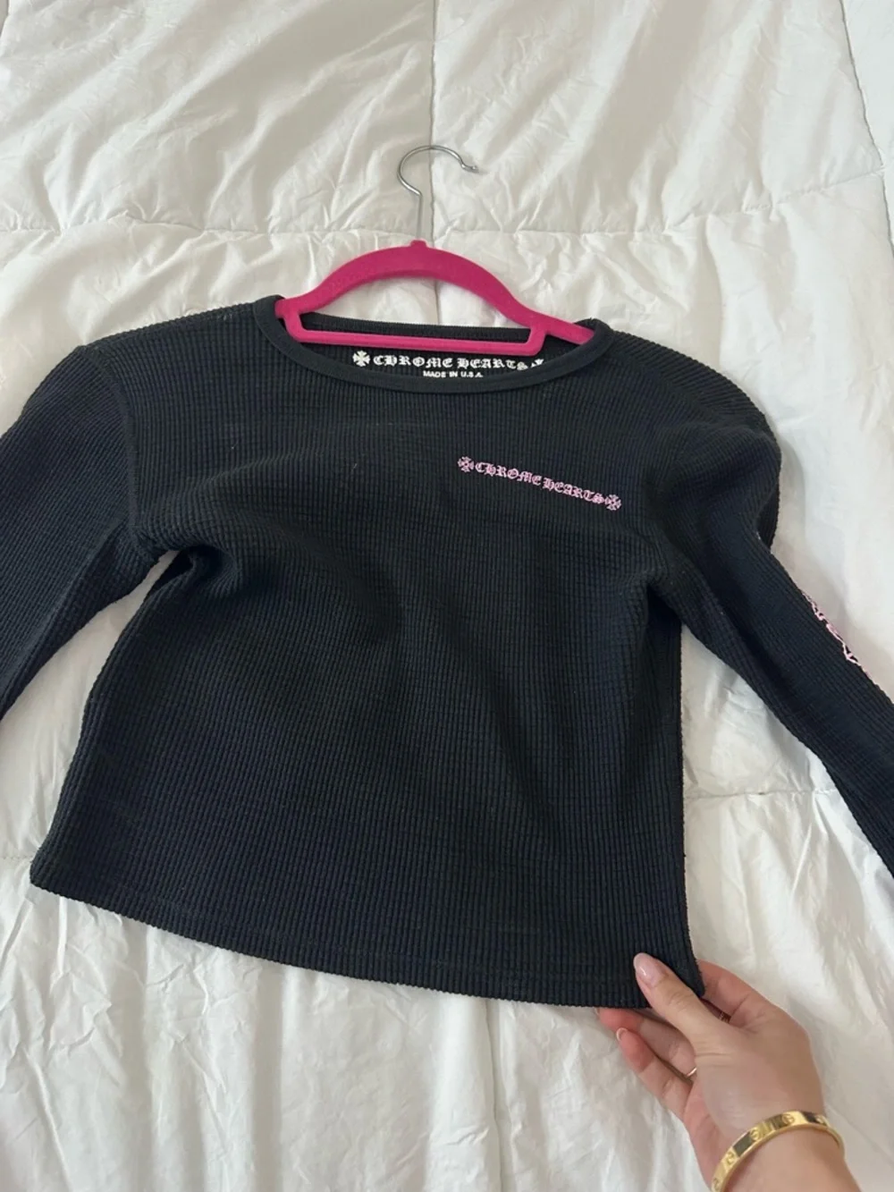 Chrome Hearts Black Long Sleeve Thermal Top with Pink Logo Details - Picture 2 of 12
